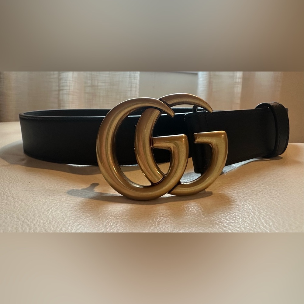 Authentic Gucci Black Belt with Gold GG Buckle